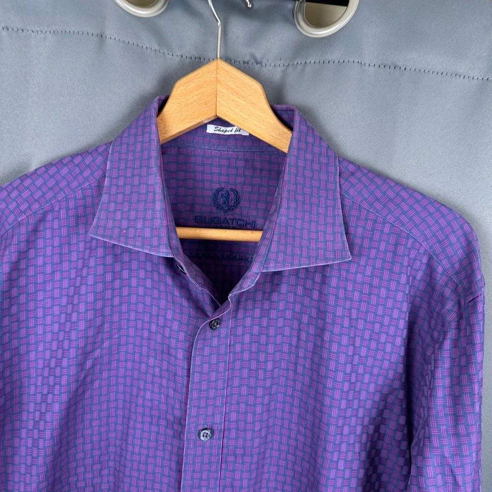 Bugatchi Uomo Mens Purple Basketweave Cotton Button Down Shirt Shaped Fit XL